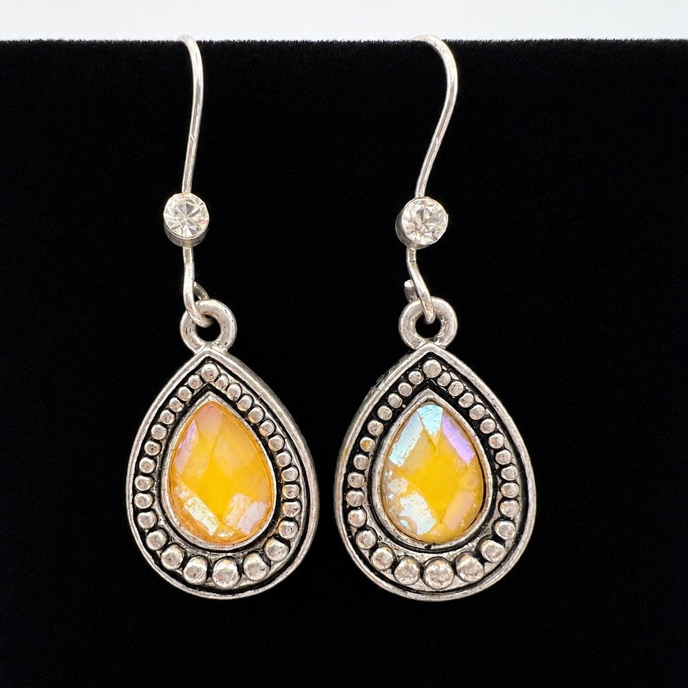 Avon Yellow Iridescent Teardrop Beaded Silver Tone Rhinestone‎ Hook Earrings